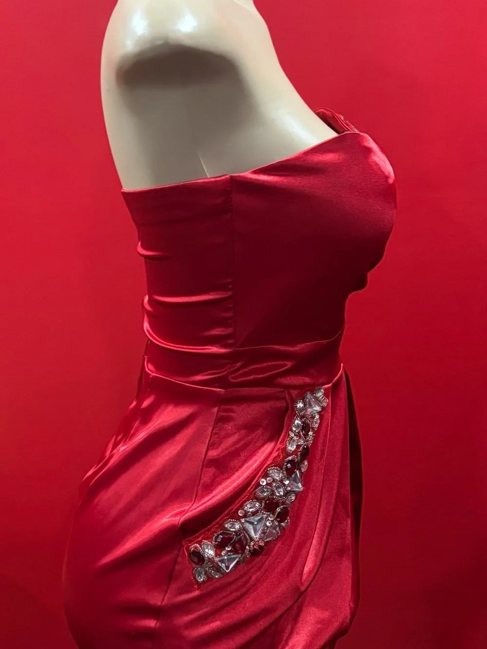 B Darlin Strapless Red Satin Cocktail Dress with Crystal Accents